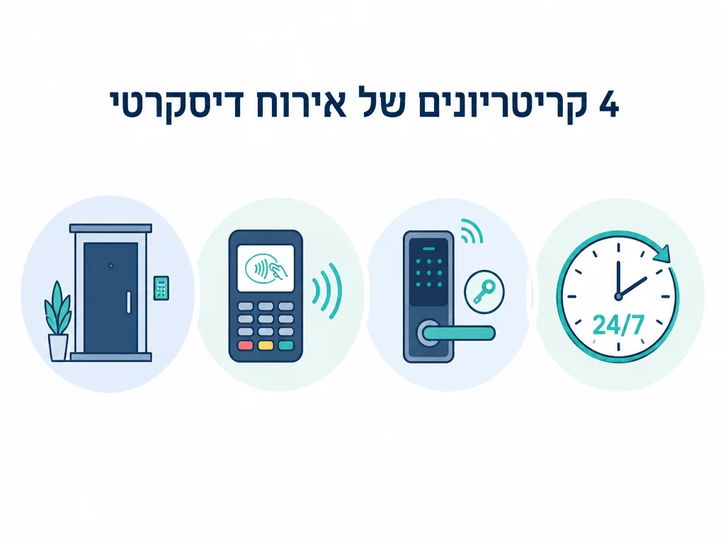 אינפוגרפיקה ארבעת קריטריוני האירוח הדיסקרטי: כניסה נפרדת, תשלום ללא מגע, מפתח חכם, 24/7