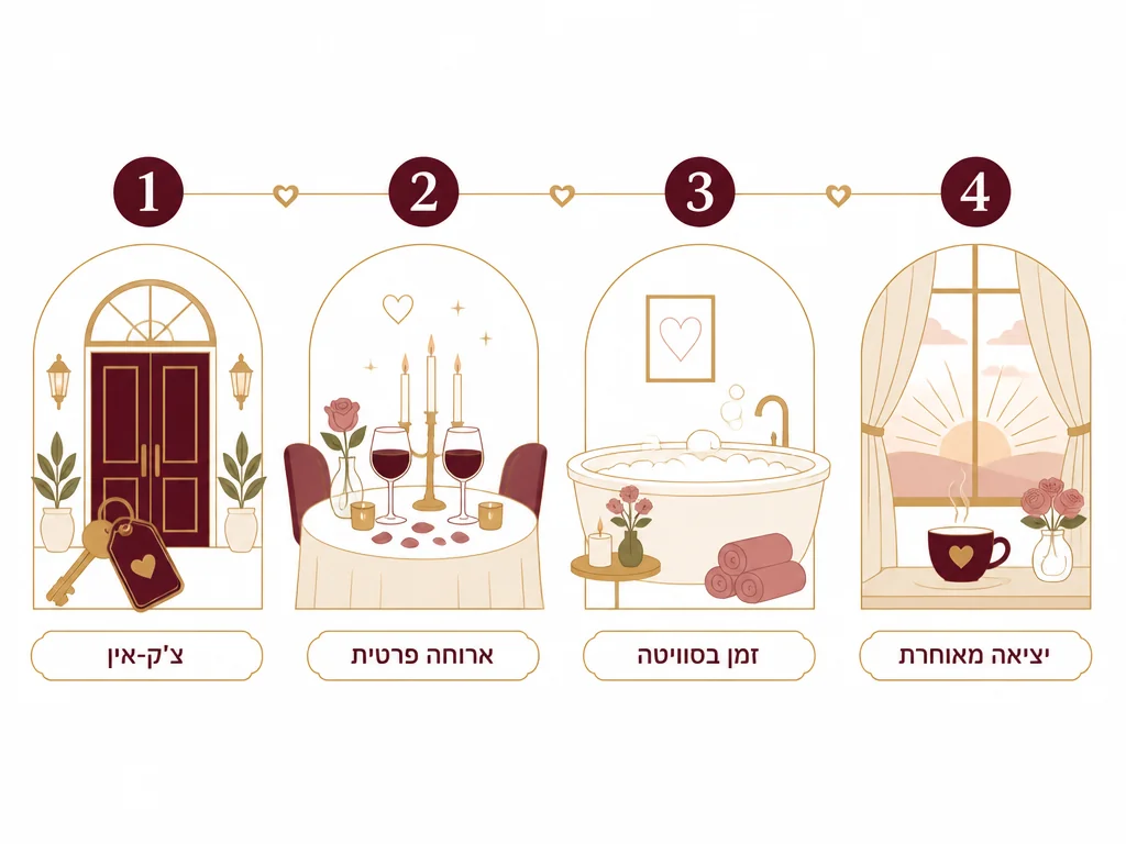 אינפוגרפיקה 4 שלבי חגיגת יום נישואין במלון - צ'ק-אין, ארוחה, סוויטה, יציאה מאוחרת