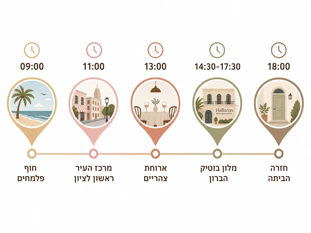 אינפוגרפיקה של מסלול יום כיף זוגי ב-6 שעות: חוף, ראשון לציון, ארוחה והברון