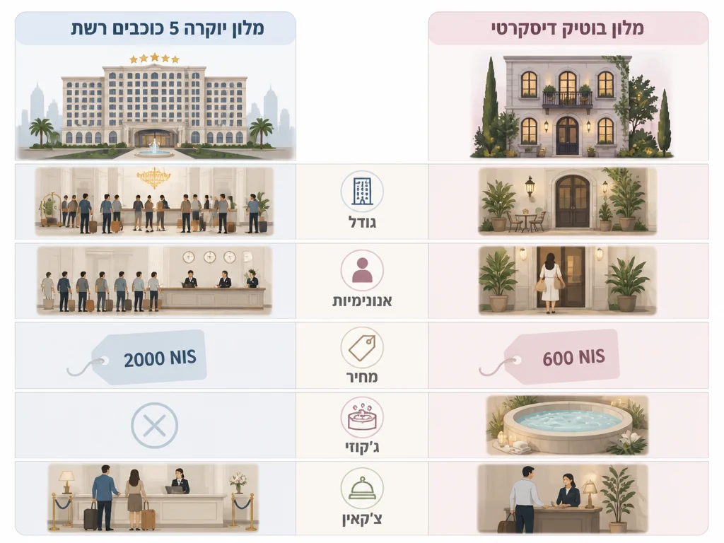 אינפוגרפיקה השוואה: רשת 5 כוכבים מול יוקרה בוטיק דיסקרטי - 5 מאפיינים