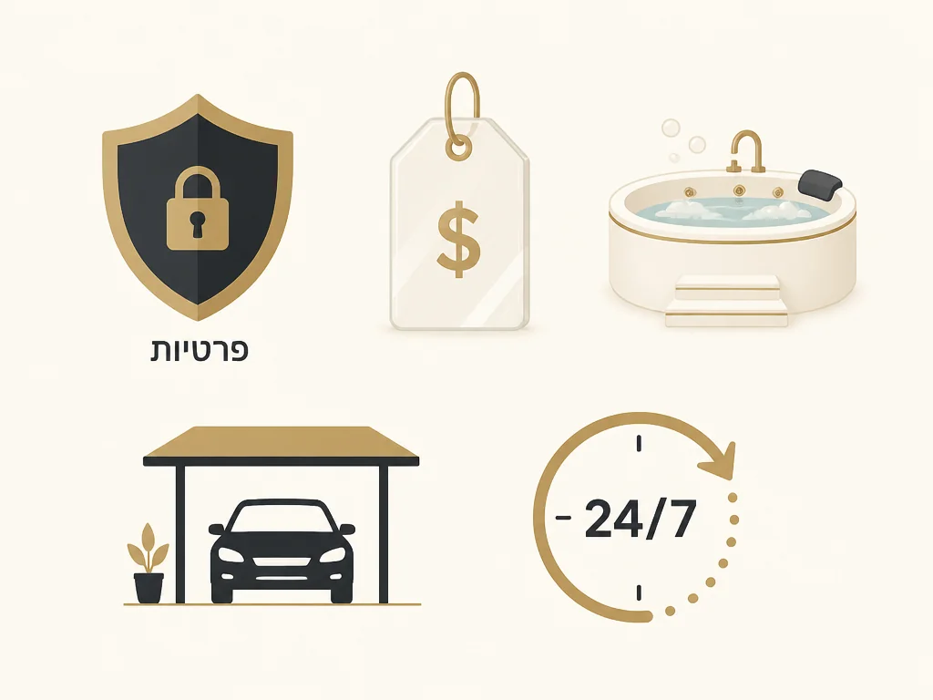 אינפוגרפיק 5 סיבות לבחור במלון הבָּרון: פרטיות, מחיר שקוף, ג'קוזי, חניה, צ'ק-אין 24/7