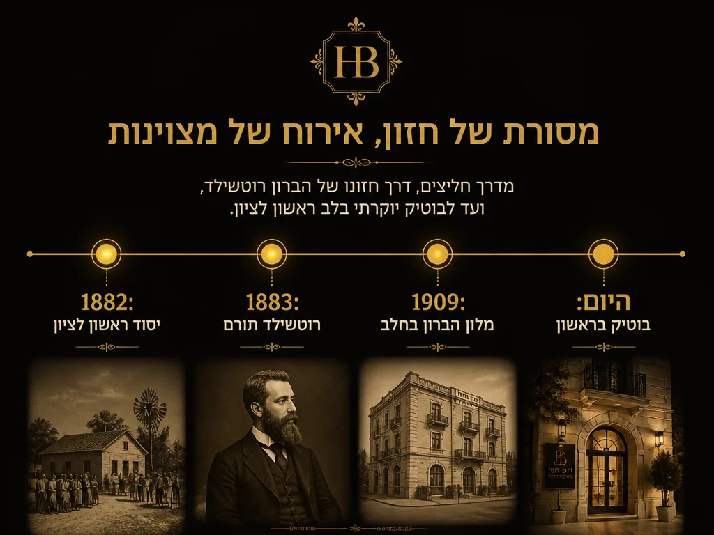 אינפוגרפיקה ציר זמן: היסטוריה של שם מלון הבָּרון מ-1882 עד היום