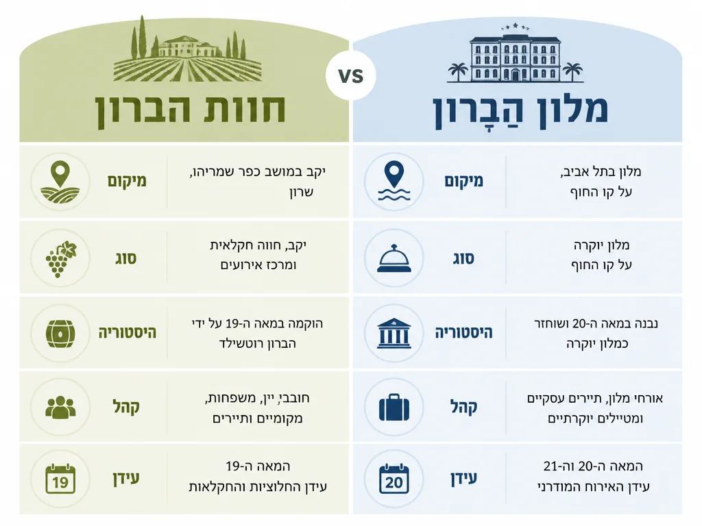 אינפוגרפיקה: חוות הברון מול מלון הבָּרון - השוואה ב-5 ממדים