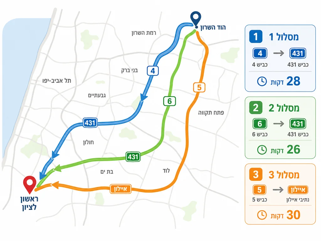 מפת 3 מסלולי נסיעה מהוד השרון למלון הבארון: כביש 4+431, כביש 6+431, וכביש 5+איילון