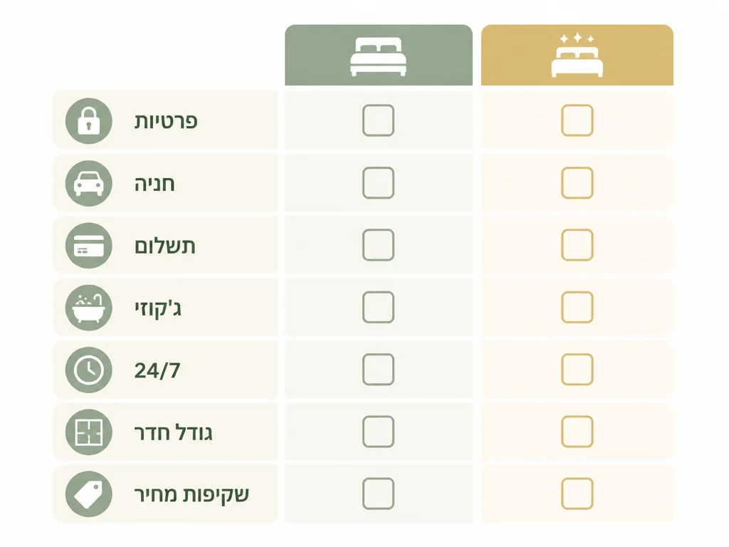 7 קריטריונים לבחירת חדר לפי שעה: פרטיות, חניה, תשלום, ג'קוזי, זמינות, גודל ומחיר