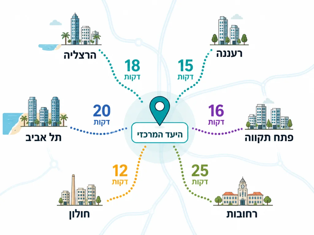מפת זמני נסיעה מערי המרכז ללזרוב 17 ראשון לציון בדקות