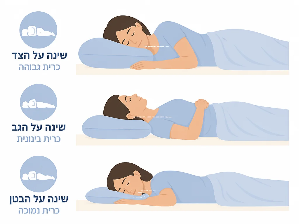 אינפוגרפיקה של התאמת גובה כרית לתנוחת שינה: צד, גב ובטן