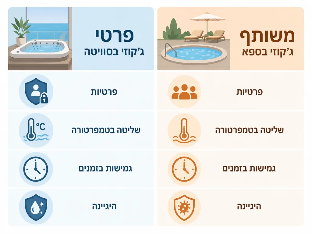 השוואה: ג'קוזי בסוויטה פרטית לעומת ספא משותף - פרטיות, טמפרטורה, זמן, היגיינה