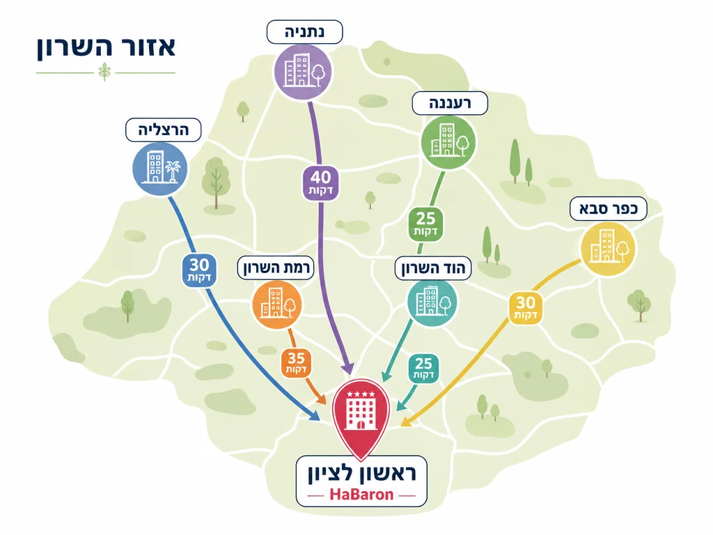 מפת השרון עם זמני נסיעה לראשון לציון ומלון הברון