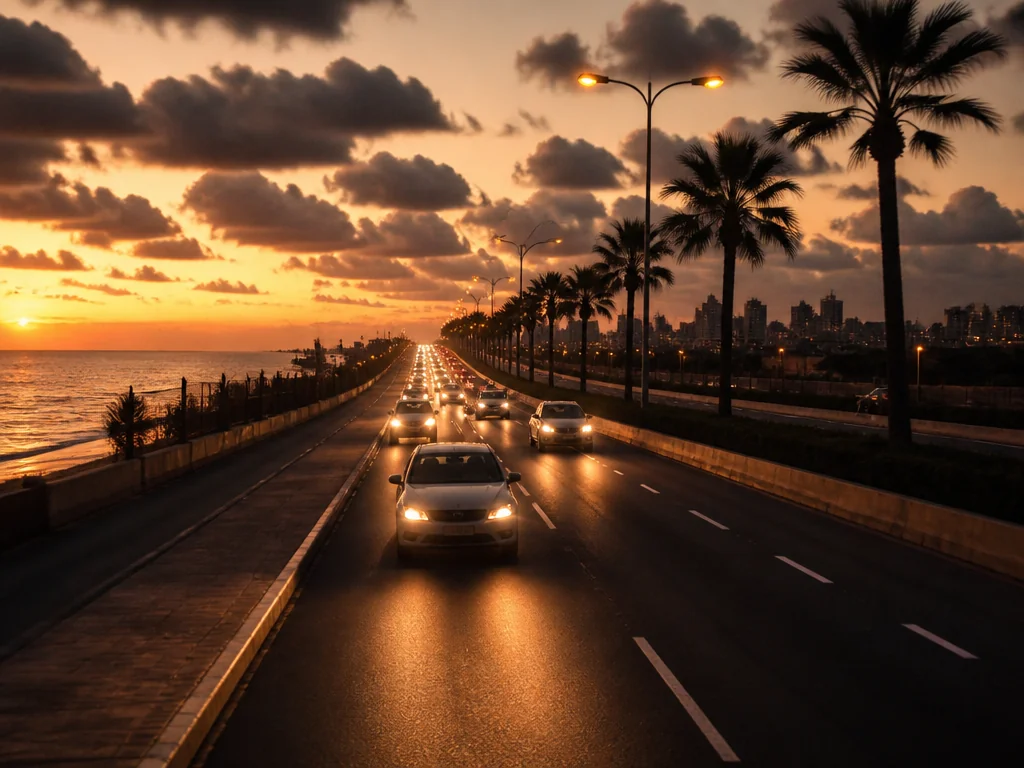 כביש חוף ישראלי בשקיעה בדרך לרשון לציון