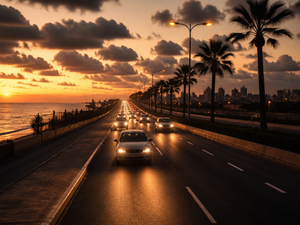 כביש חוף ישראלי בשקיעה בדרך לרשון לציון