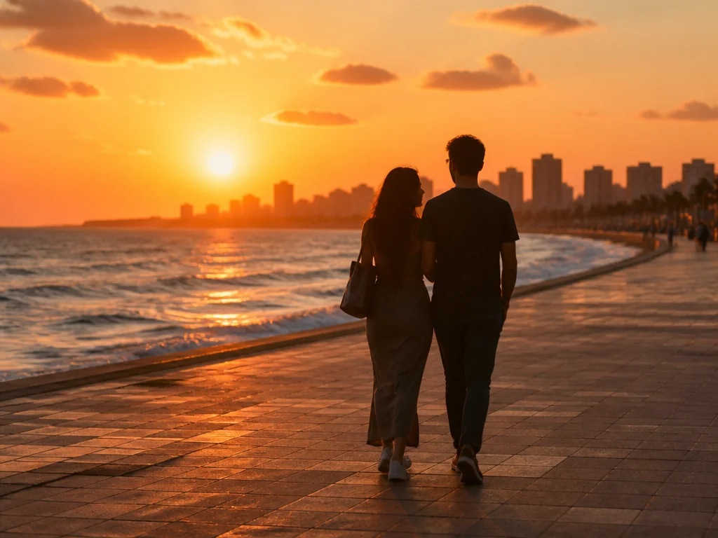 זוג מטייל על טיילת יפו בשקיעה עם אור ים תיכוני רומנטי